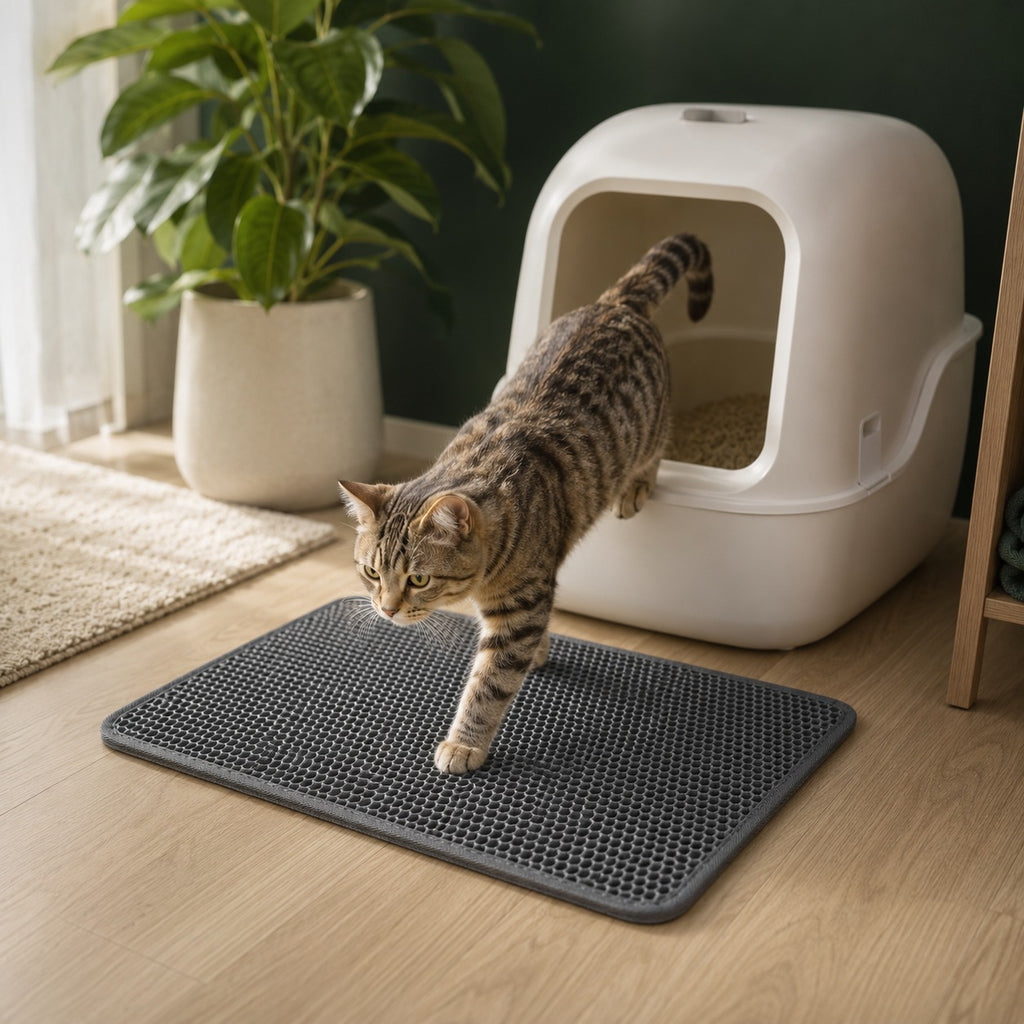 Cat stepping off PawSpruce mat by litter box